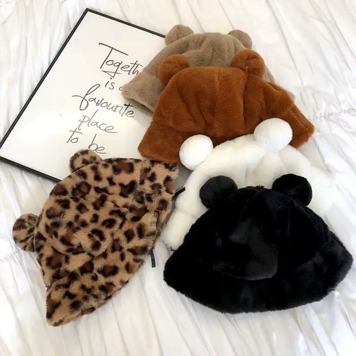 Épais filles automne hiver oreilles d'ours léopard femmes seau chapeaux bassin chapeau pêcheur