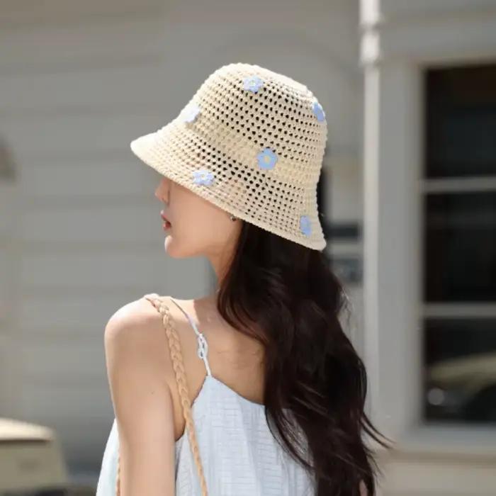 Chapeau Bob Coréen en Paille à Fleurs pour Femme – Style Bohème