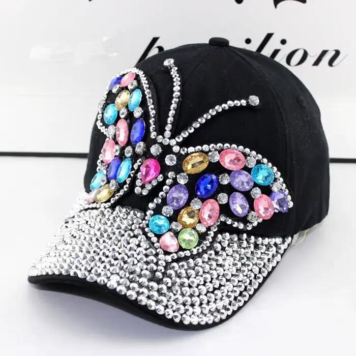 Casquette de Baseball d'automne femmes plein cristal coloré grand papillon chapeau Denim Bling strass casquettes