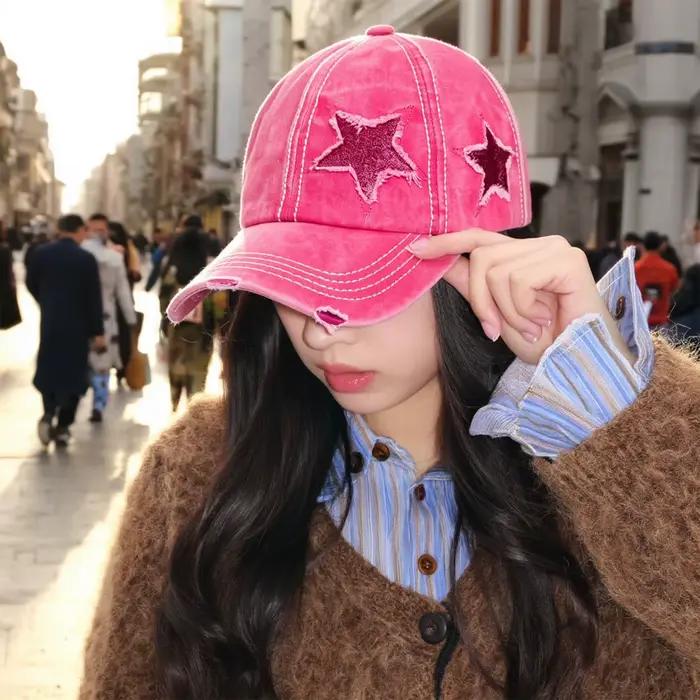 Casquette de baseball rétro Y2K en jean délavé avec étoiles et trous