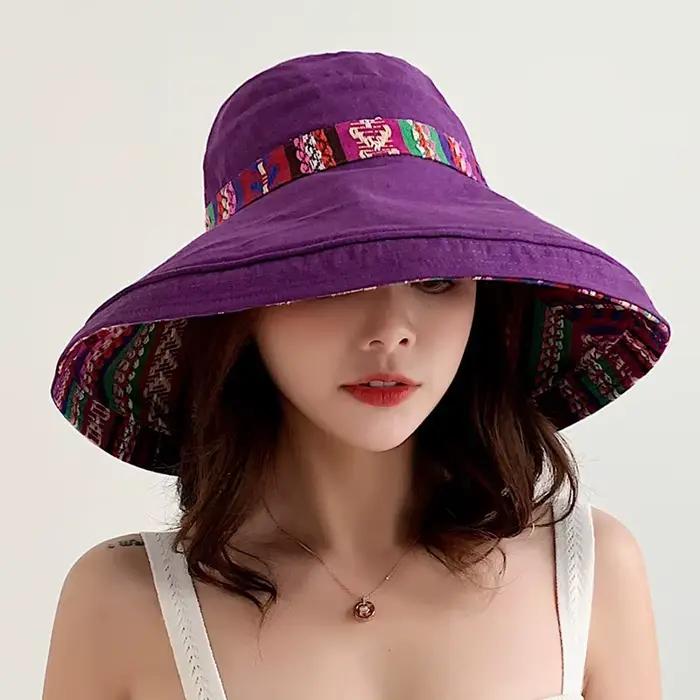 Chapeau de plage rétro en coton pour femmes protection solaire bord de mer style ethnique polyvalent四季风格复古棉质女士防晒海滩帽多用途