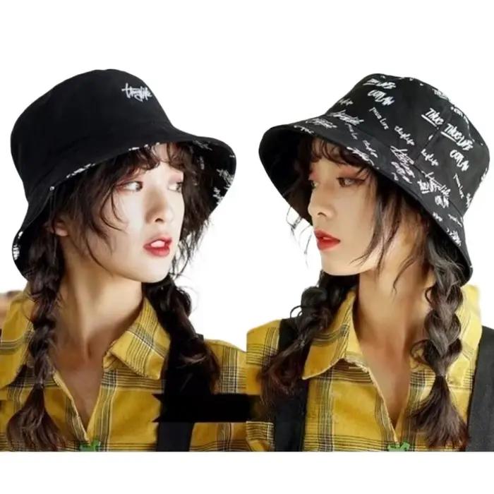 Chapeau de pêcheur double face avec lettres anglaises brodées pour homme et femme protection solaire tendance bucket hat été printemps automne extérieur