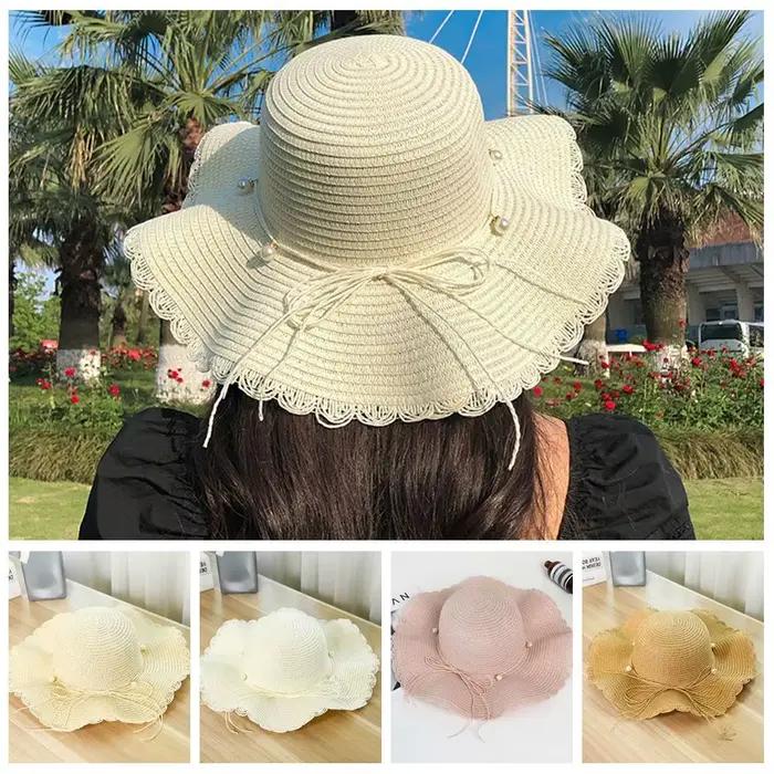 Chapeau de paille pliable à large bord avec perles style français pour femme protection solaire plage voyage occassions spéciales