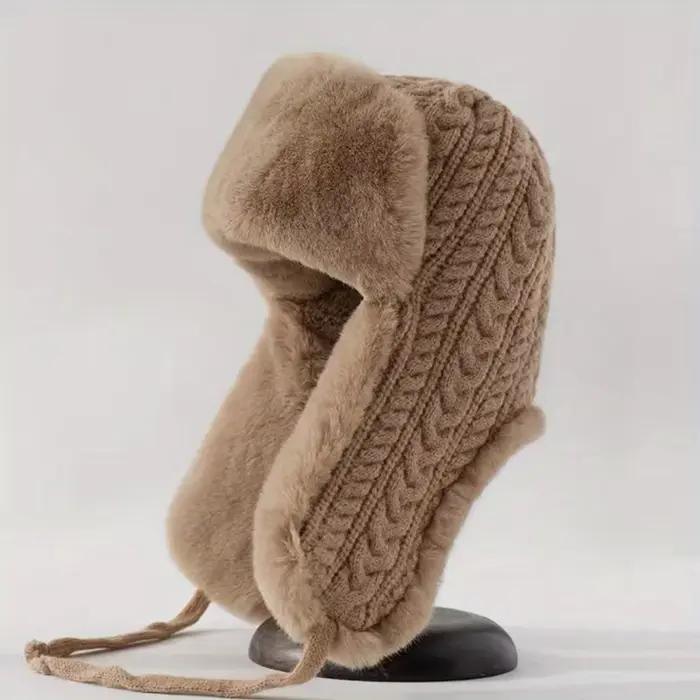 Chapeau en tricot pour femmes avec oreillettes étendues, conception épaisse à nouer, style coréen, polyester, hiver, décontracté, tricoté