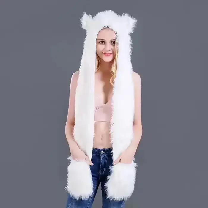 Hommes/femmes fausse fourrure capuche Animal chapeau oreillettes gants 3in1