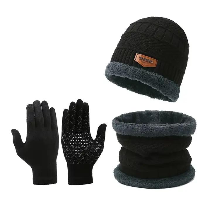 2 pièces ensembles hiver chaud velours hommes chapeau écharpe gants ensemble
