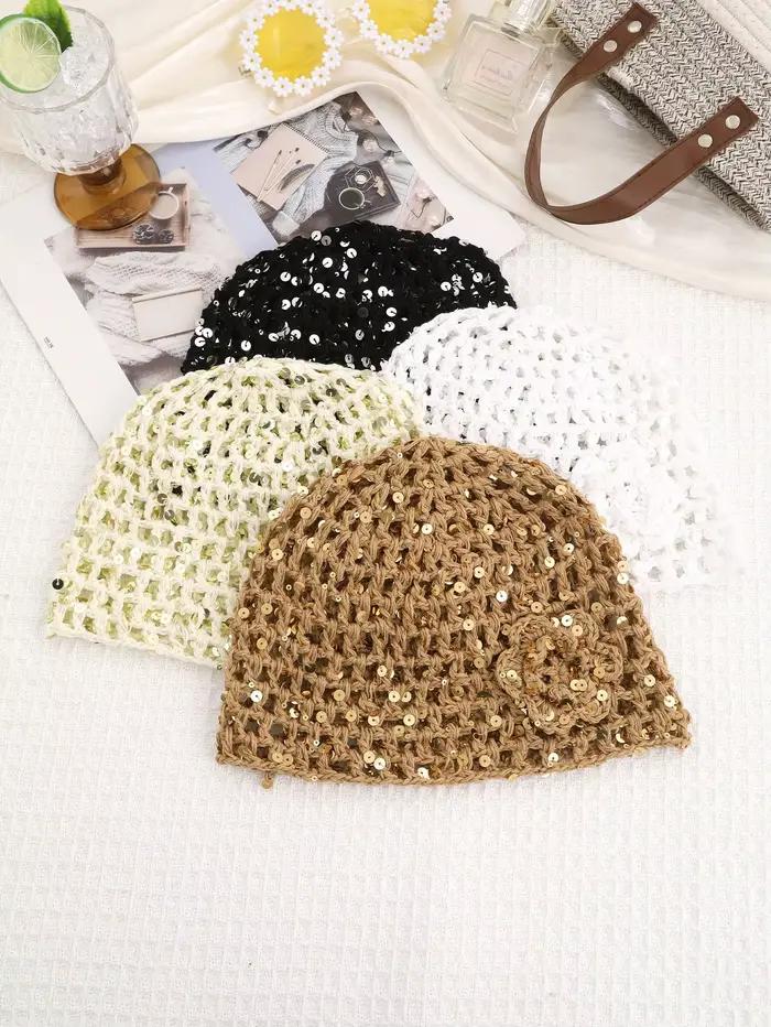1 pièce : Bonnet en tricot ajouré à sequins style bohème