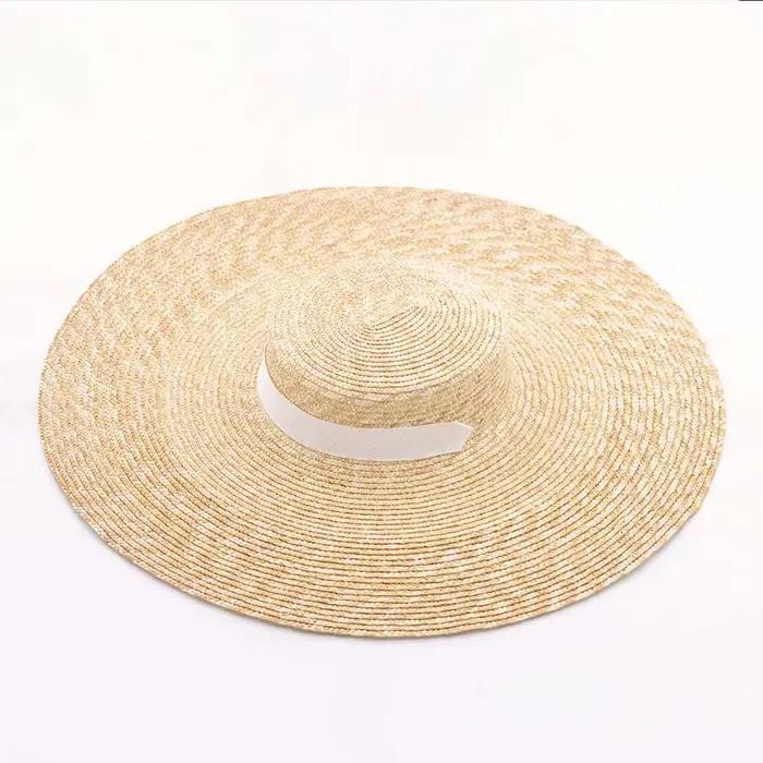 Grand Chapeau de Paille Naturel avec Lacets et Bord Large pour Femme et Fille