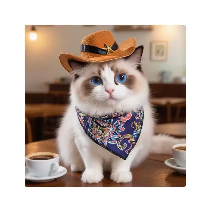 Ensemble Chapeau de Cowboy Chat Bleu Rétro