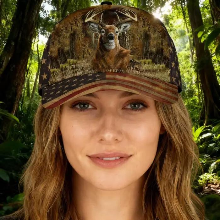 Casquette de baseball vintage drapeau américain avec conception de chasse au cerf de forêt chapeau de camping en plein