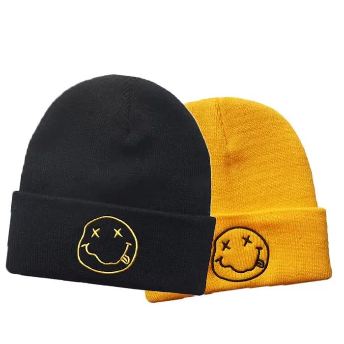 Chapeau tricoté brodé souriant pour hommes et femmes