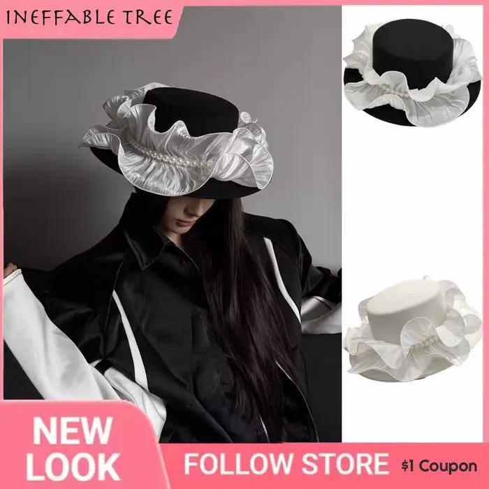 Chapeaux en laine de personnalité exagérée originale française pour femmes voyage à volants dessus plat parasol Photo forme Concave Fedoras Gorra