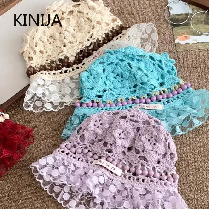 Corée rétro tricoté évider fleur perle chapeau à la main Crochet seau