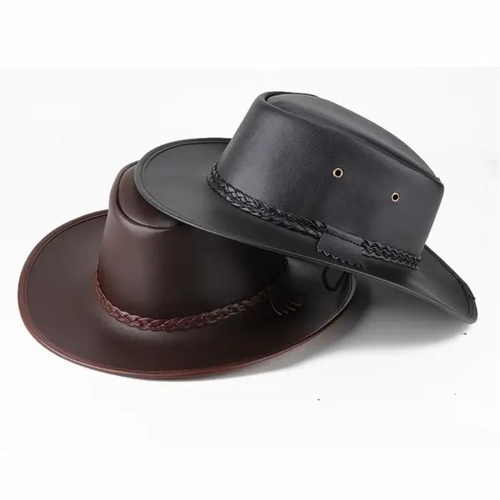 Combhasaki Chapeaux de cow-girl occidental pour hommes avec ficelle réglable en cuir artificiel à large bord pour