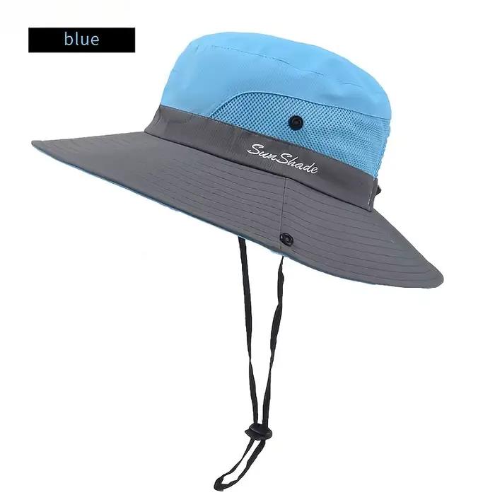 Chapeau de soleil bicolore pour femme avec trou pour queue de cheval – Maille respirante imperméable à large bord pour la plage et la pêche pour le printemps et l'été