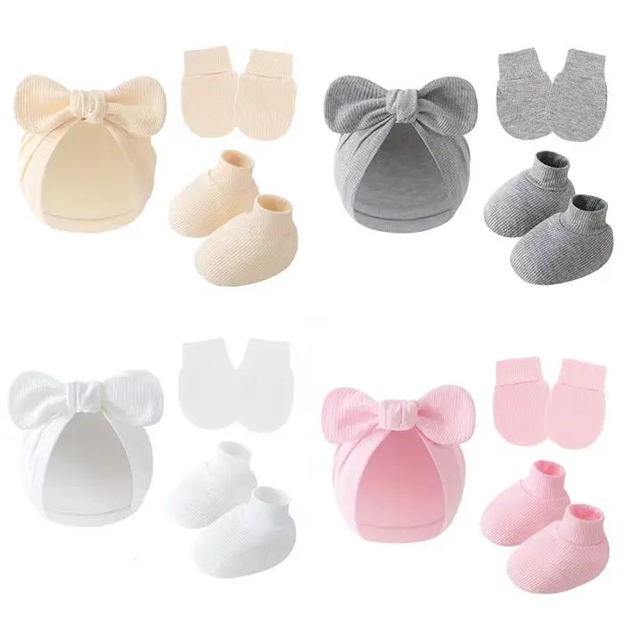 3 pièces/ensemble bébé nœud chapeau gants chaussettes coton nouveau-né Bonnet couleur unie