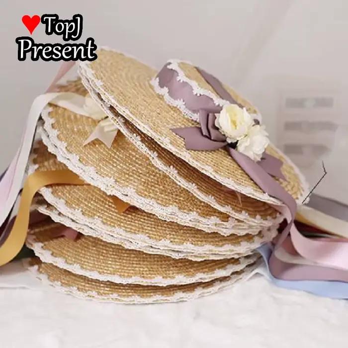 Chapeau de paille avec nœud en dentelle pour femmes