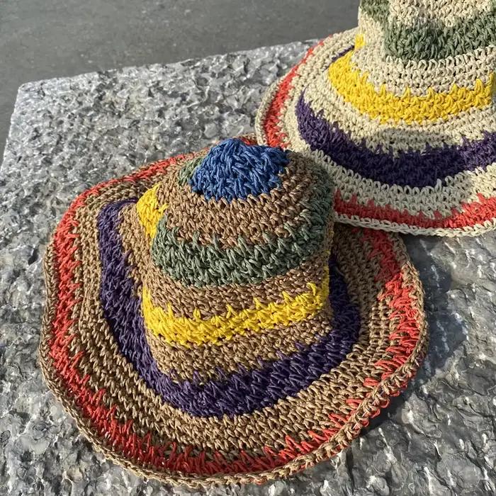 Chapeau Seau Arc-en-Ciel au Crochet Fait Main Femme Plage Protection UV Casquette Boho Printemps Eté Occasions Spéciales