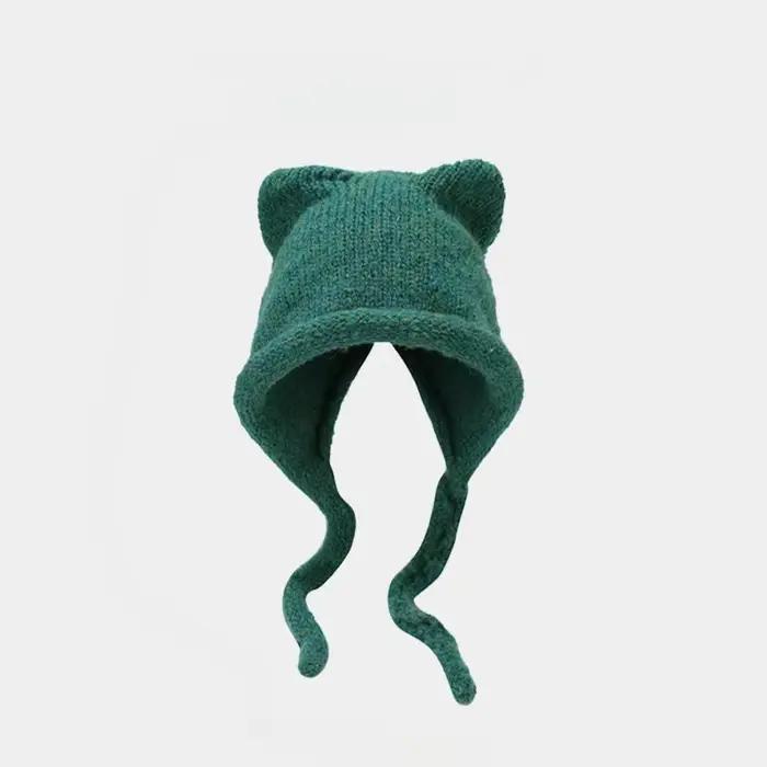 Corée du Sud mignon chat oreille tricoté chapeau femmes japonais cravate tout chaud coupe-vent