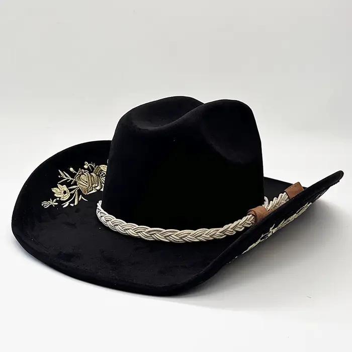 Lamuusaa y2k Western Cowgirl Hat pour femmes et hommes à la mode broderie florale large bord Protection solaire feutre robe chapeau