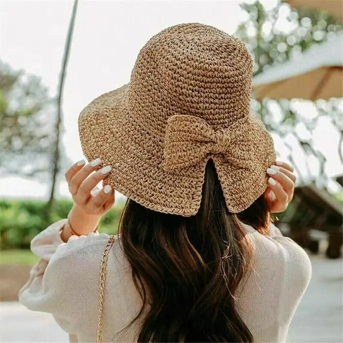 Chapeau de paille femme nœud papillon Crochet été bassin