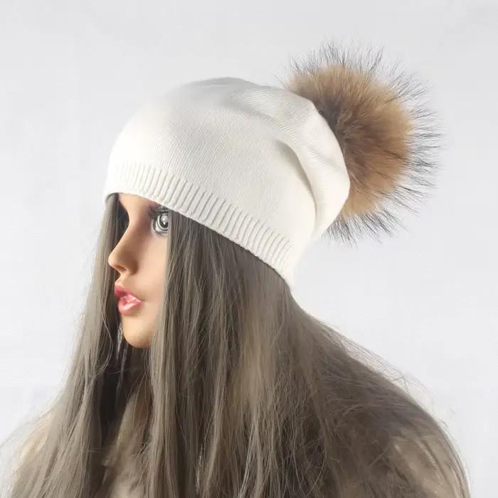 Femmes hiver laine tricoté chapeaux pompon bonnet fourrure de renard pompons chapeau couleur unie mode marque de luxe