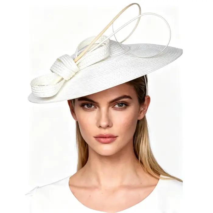 Fascinator FS en Paille à Large Bord Élégant Blanc Kaki pour Femmes Occasions Formelles Été Hiver Église Kentucky Derby