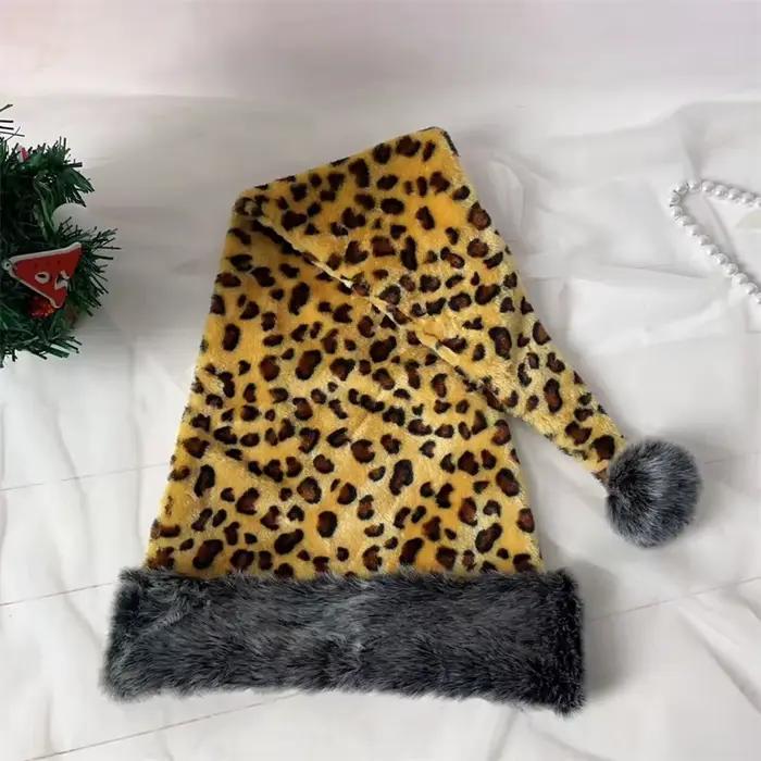Chapeau de Noël en peluche imprimé léopard noir et marron pour adultes et enfants décoration de fêtes de fin d'année atmosphère festive