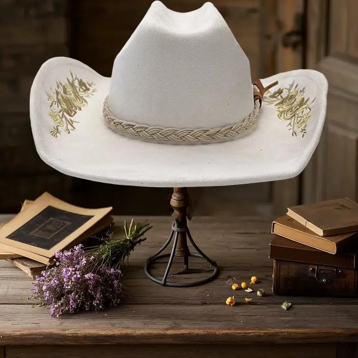 Lamuusaa y2k Western Cowgirl Hat pour femmes et hommes à la mode broderie florale large bord Protection solaire feutre robe chapeau