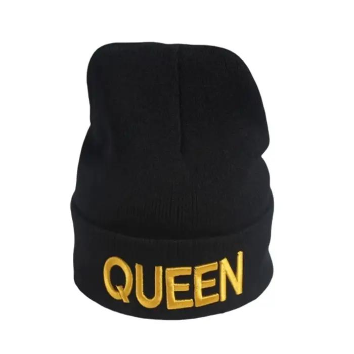 Nouveau Style roi Stretch tricot chapeau reine broderie hommes et femmes Couples automne hiver chaleur bonnets Skullies Skullcap Gorras