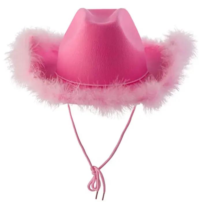Chapeau de Cowboy rose à bord de plumes