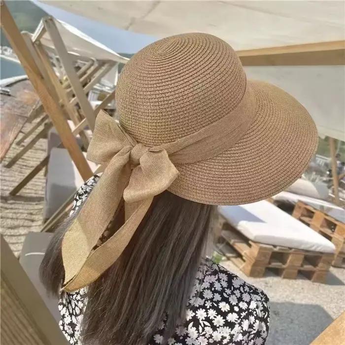 Chapeau de soleil à nœuds papillons pour femmes, paille, beige khaki, protection UV, bord large, style sport décontracté pour l'été