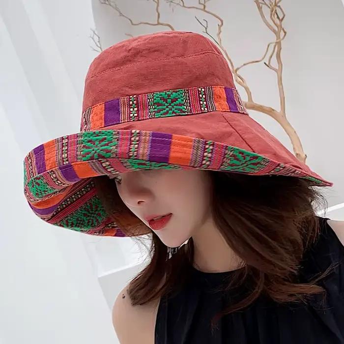 Chapeau de plage rétro en coton pour femmes protection solaire bord de mer style ethnique polyvalent四季风格复古棉质女士防晒海滩帽多用途