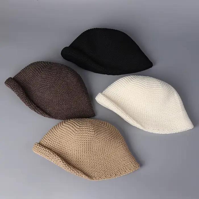 Chapeau seau tricoté en laine à bord roulé de Style japonais pour femmes
