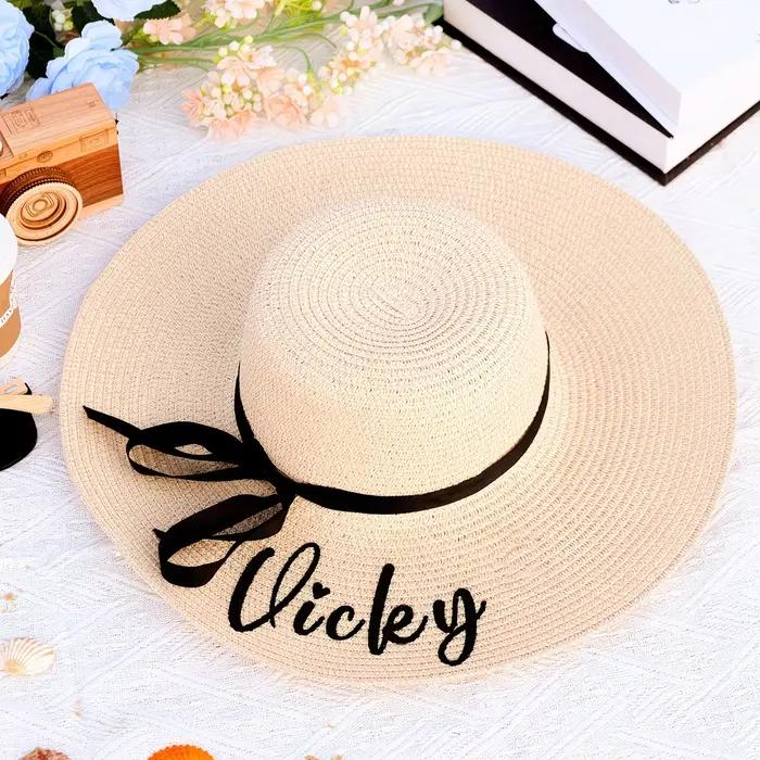 Chapeau de plage personnalisé en paille avec nom sur mesure pour demoiselle d'honneur