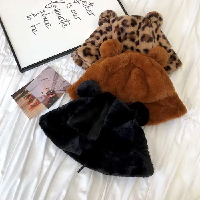 Épais filles automne hiver oreilles d'ours léopard femmes seau chapeaux bassin chapeau pêcheur