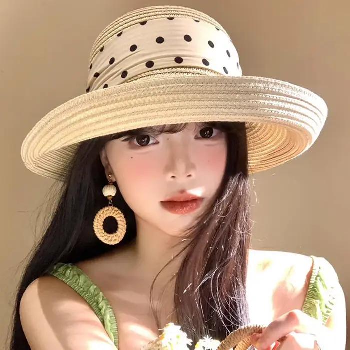 Chapeau de paille d'été à pois avec ruban pour femme