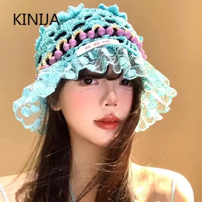 Corée rétro tricoté évider fleur perle chapeau à la main Crochet seau
