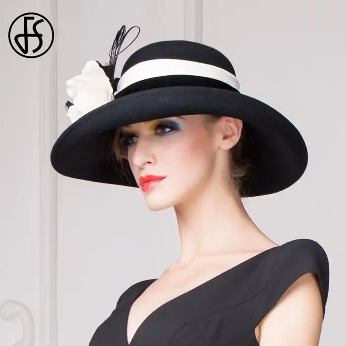 Grand chapeau noir en feutre de laine élastique pour femmes