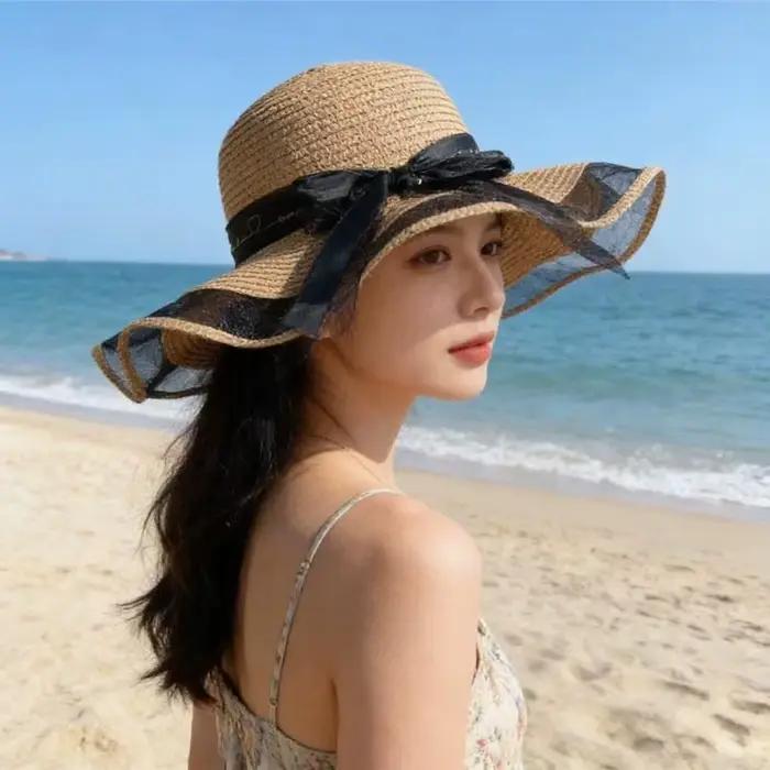 ❃ Chapeau de paille à bord plat tendance pour filles