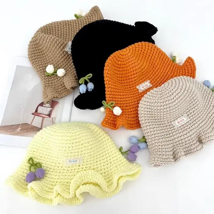 Ins doux tulipe autocollant à volants bord tricoté seau chapeaux femmes automne hiver voyage mode chaud polyvalent pull décontracté casquette