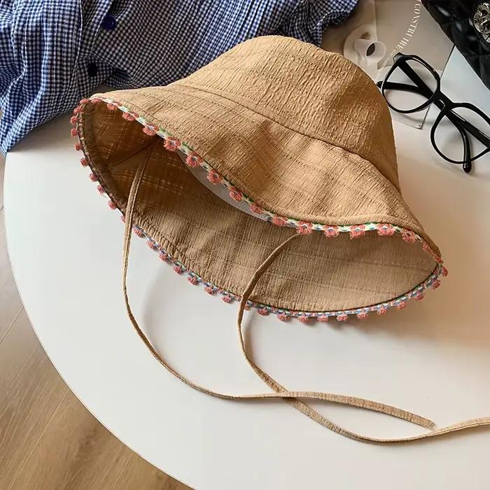 Chapeau de pêcheur pour femmes chapeaux à fleurs douces avec corde coupe vent protection solaire extérieure seau automne voyage printemps