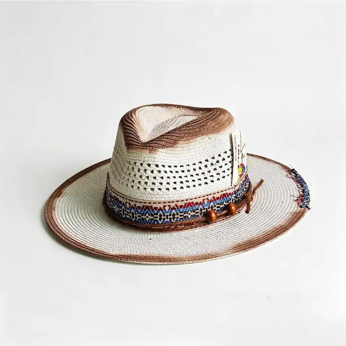 Chapeau de paille tressé vintage vieilli pour femme et homme