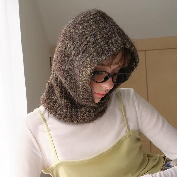 10% laine cagoule Bonnet chapeau pour femmes filles tricoté casquettes à capuche hiver extérieur chaud une pièce cou
