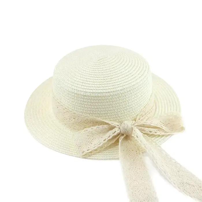 Chapeau de plage en paille solide avec nœud papillon et dentelle pour femmes et petites filles été ocassions spéciales plage