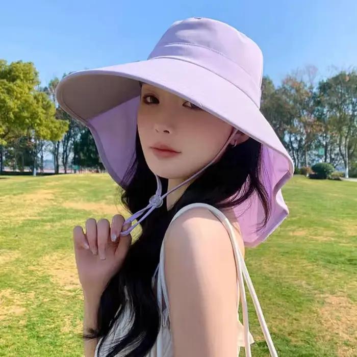 Chapeau de soleil anti-UV à large bord avec protection de nuque et ouverture pour queue de cheval, idéal pour voyages et activités de plein air unisexe polyester Blanc Beige Kaki Rose Violet