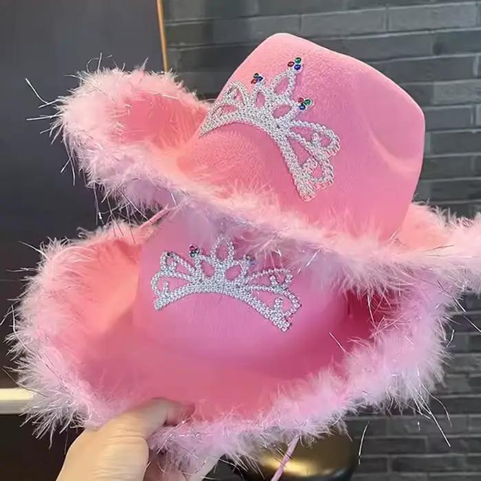 Chapeau de Cowboy occidental en plumes roses pour femmes