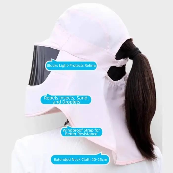 Chapeau de protection solaire anti-UV respirant pour femme avec masque intégré en soie glacée couleur unie – Idéal pour l'été
