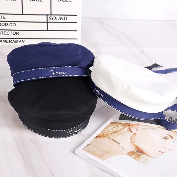 Béret blanc pour femme style marin tendance brodé lettres nœud JK style coréen casquette de peintre uniforme occassions spéciales décoration tête été printemps