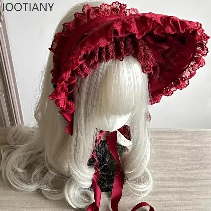 IOOTIANY Original gothique Lolita bordeaux dentelle chapeau femmes rétro victorien élégant ruban pansement thé fête plage plat chapeaux 2026